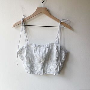 aerie blue white striped tie shoulder cropped ruffle tank